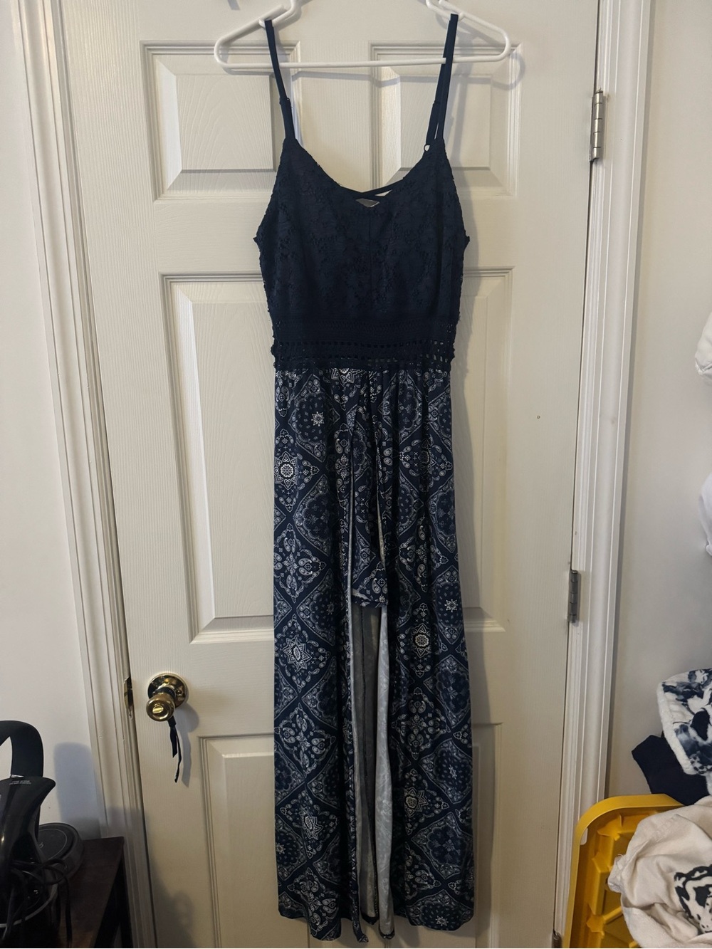 No Boundaries Navy Lace-Top Printed Wide-Leg Jumpsuit